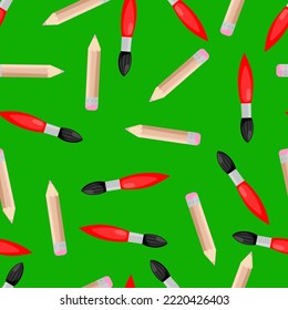 Seamless pattern with a drawing brush and pencil on a green background. school pattern