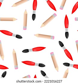 Seamless pattern with a drawing brush and pencil on a white background. school pattern