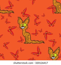 Seamless pattern with drawing cartoon cat and butterfly. Bright colored vector  illustration. 