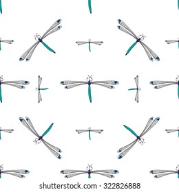 Seamless pattern with drawing cartoon dragonfly. Vector illustration