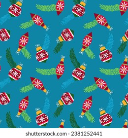 Seamless pattern with a drawing of Christmas balls and fir leaves, print design, wrapping paper