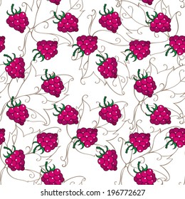 seamless pattern with drawing contours of raspberry with leaves on a pale pink background