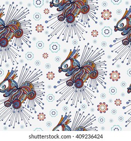 seamless pattern, drawing of a fish, decorative style, circular patterns, ellipse, jagged lines