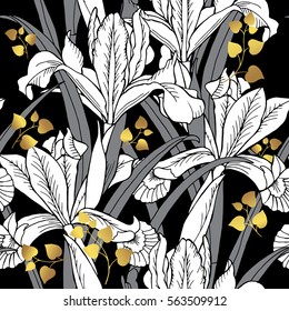 Seamless pattern with drawing flower Iris and decorative gold leaves. Vector illustration.
