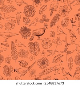seamless pattern with drawing flowers, birds and leaves, floral graphic design elements , hand drawn illustration