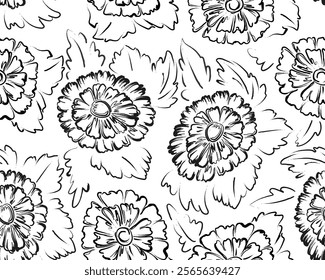 seamless pattern drawing flowers leaves, black outline doodles. Botanical floral print background. Monochrome modern art vector illustration for wallpaper, fabric, cover, template