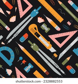Seamless pattern with Drawing and graphics tools on black background, cartoon style. Mechanical drawing supplies like compasses, ruler, pencils. Trendy modern vector illustration, hand drawn, flat