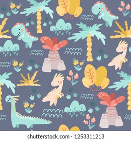 seamless pattern. drawing hands of cute dinosaurs, plants, flowers, nature. Prehistoric period. Vector illustration. Cute design for boys and girls