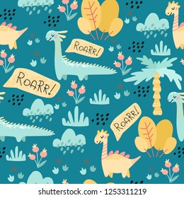 seamless pattern. drawing hands of cute dinosaurs, plants, flowers, nature. Prehistoric period. Vector illustration. For kids fabric, textile, wallpaper