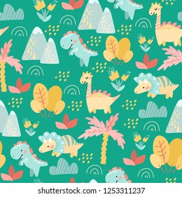 seamless pattern. drawing hands of cute dinosaurs, plants, flowers, nature. Prehistoric period. Vector illustration. For kids fabric, textile, wallpaper