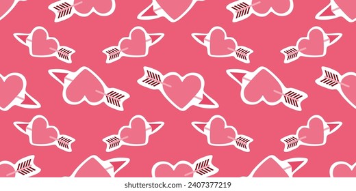 Seamless pattern with Drawing of a heart pierced by Cupid Arrow. Valentines day Vector Flat background. Romantic and Love concept Template for Textile, Wrapping Paper, Printing, Fabric.