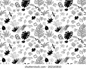 Seamless pattern drawing of leaves on white background