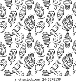 Seamless pattern drawing linear ice cream on a white background. Sketch line