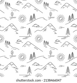 Seamless pattern from the drawing of a mountain landscape, sun, clouds, spruce, trees. Concept ski resort, travel, vacation. Flat line style, vector illustration isolated on white background.