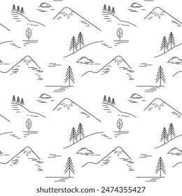 Nahtloses Muster aus der Zeichnung einer Berglandschaft, Wolken, Fichten, Bäume. Konzept Skigebiet, Reisen, Urlaub. Flacher Linienstil, Vektorillustration isoliert auf weißem Hintergrund.