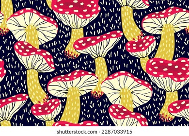 Seamless pattern with a drawing of mushrooms in retro style. Surface design with hand drawn fly agaric mushrooms on a dark blue background. Trendy print, texture with amanitas. Vector illustration.