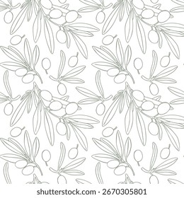 Padrão sem emenda desenho ramo de oliveira vetor de decoração verde. A ilustração floral pintada à mão azeitonas ramos de árvores de fruto deixa o fundo verde. Desenha comida. Folhagem comestível Decoração de menu de encapsulamento de tecido