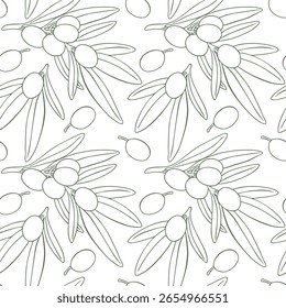 Seamless pattern drawing olive fruits branch vector. Hand drawn floral illustration olives fruit tree branches leaves background green. Drawings food. Edible foliage. Fabric, wrapping decor menu