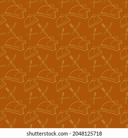 Seamless pattern with drawing in one line style turkey thanksgiving dinner serving