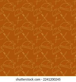 Seamless pattern with drawing in one line style turkey thanksgiving dinner serving vector