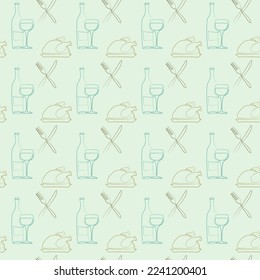 Seamless pattern with drawing in one line style turkey thanksgiving dinner serving vector