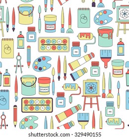Seamless pattern with drawing and painting tools, vector illustration. Can be used for wallpaper, pattern fills, web page background, surface textures.