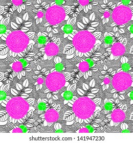 Seamless pattern with drawing of a pink bush. Neon