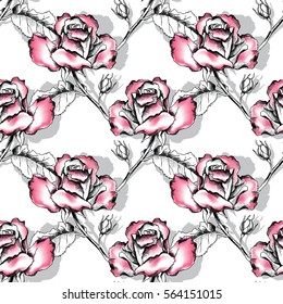 Seamless pattern with drawing pink rose on a white background. Vector illustration.