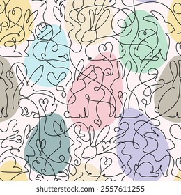 Seamless pattern drawing rabbits. Easter pastel background. Pattern for wallpaper, web, decals, spring fashion fabric, textile, background for holiday greeting card or christmas decor. Vector Easter.