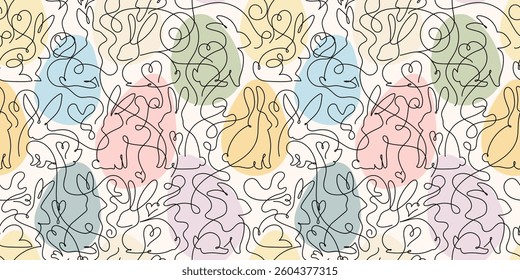 Seamless pattern drawing rabbits. Easter pastel background. Pattern for spring fashion fabric, wallpaper, web, decals, textile, background for holiday greeting card Easter baby rabbit. Vector Easter.