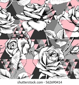 Seamless pattern with drawing rose on a pink geometric background. Vector illustration.