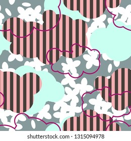 Seamless pattern with drawing spring clouds and flowers. 