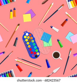 Seamless pattern with drawing  tools. Stationery and artist items. Flat creative paint equipment. Art supplies. Top view. Workspace creator, artist, designer  