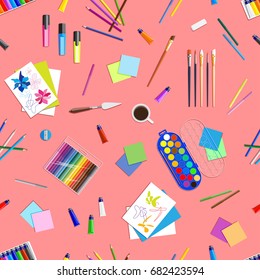 Seamless pattern with drawing  tools. Stationery and artist items. Flat creative paint equipment. Art supplies. Top view. Workspace creator, artist, designer  