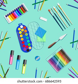 Seamless pattern. Drawing  tools. Stationery and artist  workplace. Flat icons. School equipment. Art supplies. Top view. Items for creator, designer  