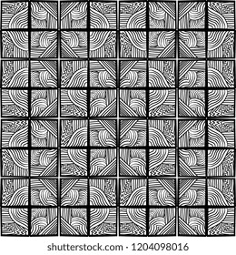 Seamless pattern drawing of tribal hand drawn doodle lines background in black and white. Vector illustration ethnic relief style.