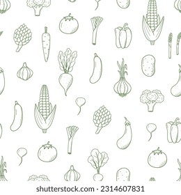 Seamless Pattern of drawing vegetables in doodle style. A set of vector illustrations of the harvest corn potatoes carrots radishes beets garlic onions tomatoes, etc.