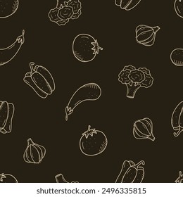 Seamless Pattern of drawing vegetables in doodle style. A set of vector illustrations of the harvest corn potatoes carrots radishes beets garlic onions tomatoes, etc.