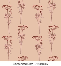 Seamless pattern with drawing wild plants, herbs and flowers, monochrome botanical illustration in vintage style, vector floral background