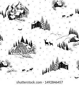  Seamless pattern with drawing winter landscape, houses, chalets and animals. Vector Christmas illustration in vintage style.