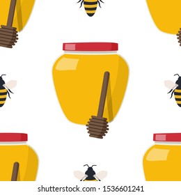 Seamless pattern with drawing yellow bees and a jar of honey. Food background.