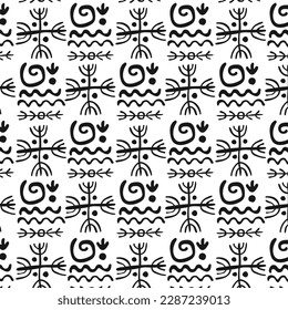 Seamless pattern drawings of ancient tribe. Primitive ethnic ornament, petroglyph. Symbol, cross Icon. Ancient patterns. Stone age. Prehistoric art of cavemen. For print, textiles, fabrics. Vector 