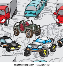 Seamless pattern of drawings of cars 