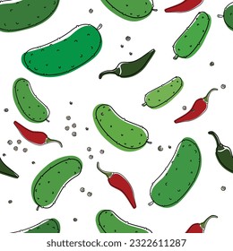 Seamless pattern with drawings of colorful, brightly colored vegetables. Hand-drawn cucumbers and peppers. Vector illustration isolated on white background. 