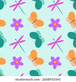 Seamless pattern with drawings of dragonflies, butterflies and flowers on a light background. Bright vector illustration of summer.
