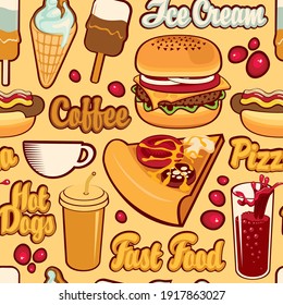 Seamless pattern with drawings and inscriptions in retro style on a yellow backdrop. Vector cartoon background on the theme of fast food with pizza, burger, ice cream, coffee, cola, hot dog