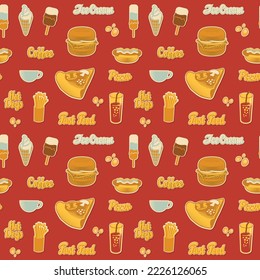 Seamless pattern with drawings and inscriptions in retro style. Vector cartoon background on the theme of fast food with pizza, burger, ice cream, coffee, cola, hot dog