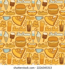 Seamless pattern with drawings and inscriptions in retro style. Vector cartoon background on the theme of fast food with pizza, burger, ice cream, coffee, cola, hot dog