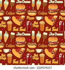 Seamless pattern with drawings and inscriptions in retro style. Vector cartoon background on the theme of fast food with pizza, burger, ice cream, coffee, cola, hot dog