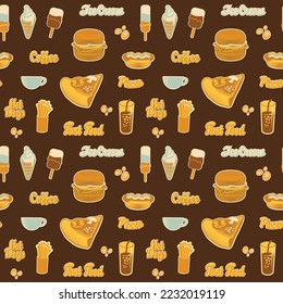 Seamless pattern with drawings and inscriptions in retro style. Vector cartoon background on the theme of fast food with pizza, burger, ice cream, coffee, cola, hot dog